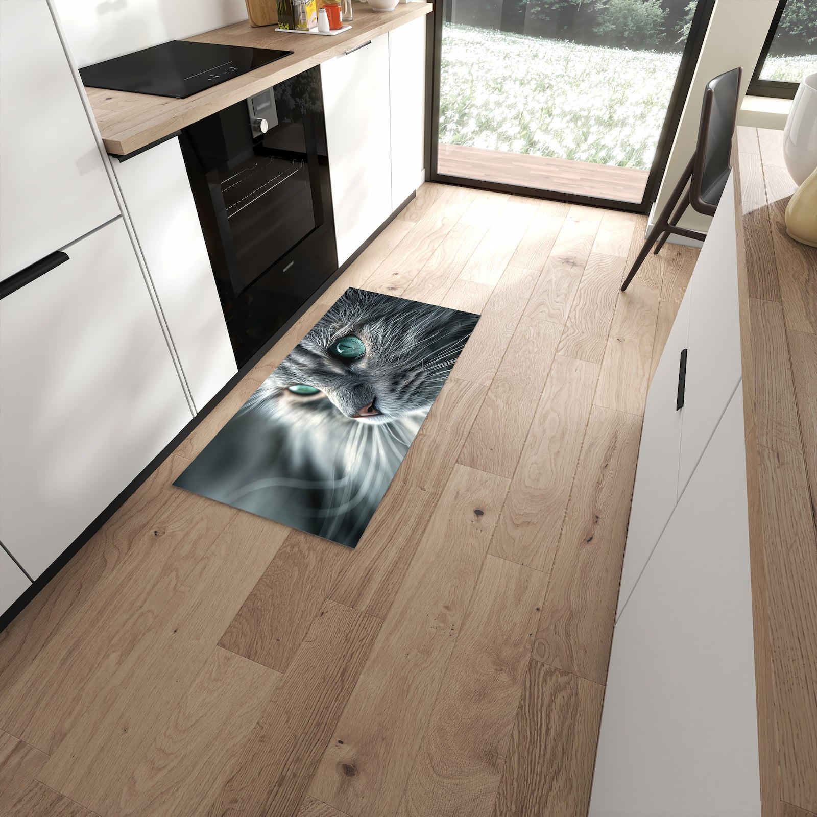 Hygienischer großer Küchenteppich mit Motiv Katze von Nahaufnahme in moderner Küche #grösse_60 x 120 cm