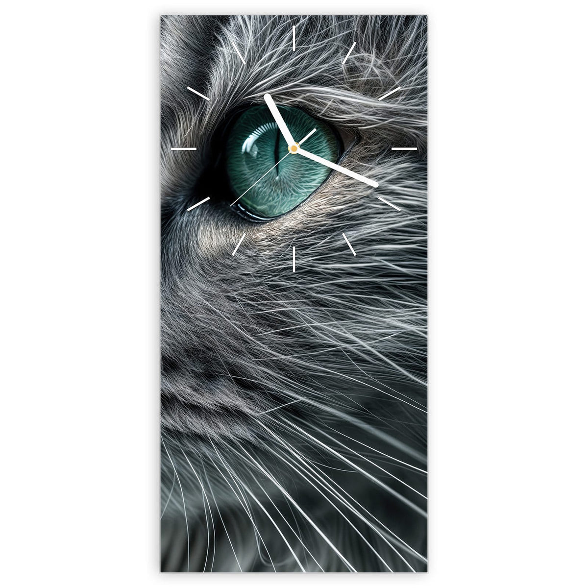 Wanduhr aus Glas, Ziffernblatt Linie mit Motiv Katze mit Smaragdaugen: Graue Langhaarkatze im Halbprofil, große türkisgrüne Augen, Fell in Nahaufnahme