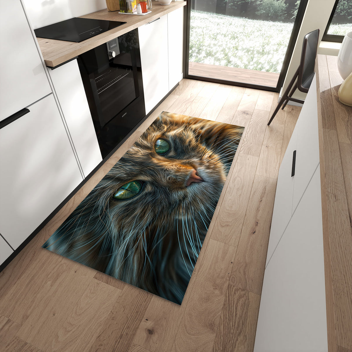 Küchenläufer Getigerte Katze in einer modernen Küche