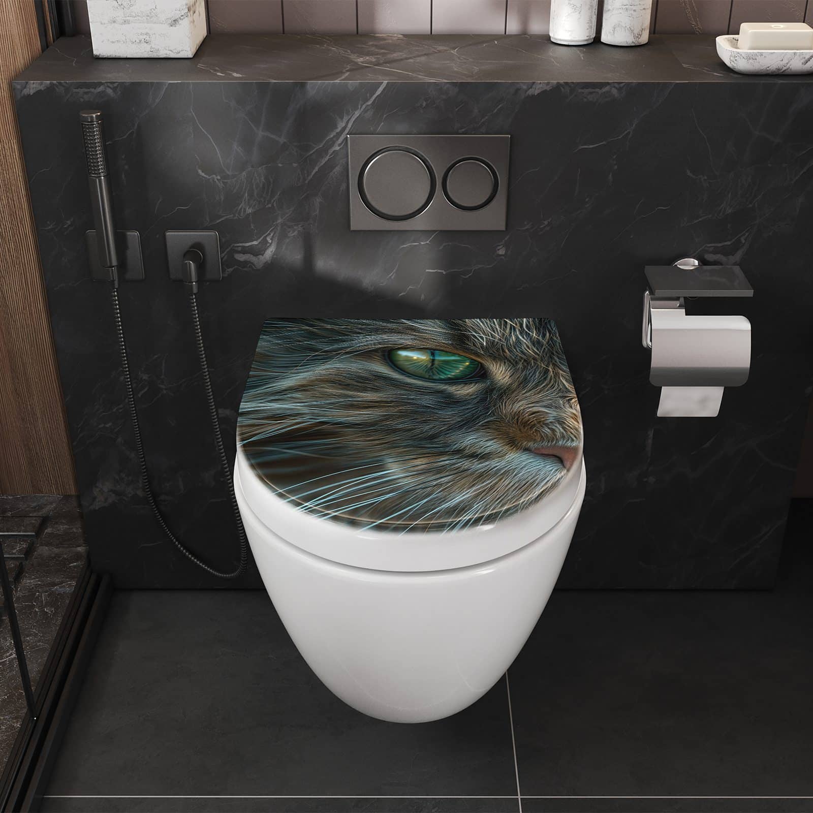 Robuster WC-Sitz mit Absenkautomatik und Motiv Nahaufnahme & Katze in Badezimmer perspektive von vorne