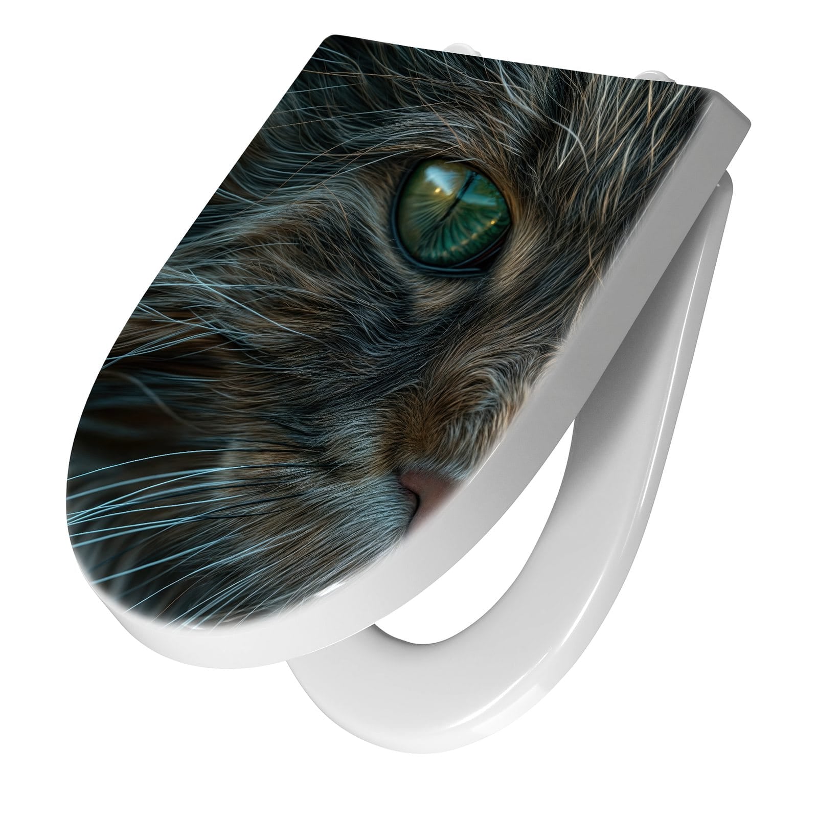 Zeitsparender Toilettendeckel mit Motiv Nahaufnahme & Katze in Frontansicht schräg