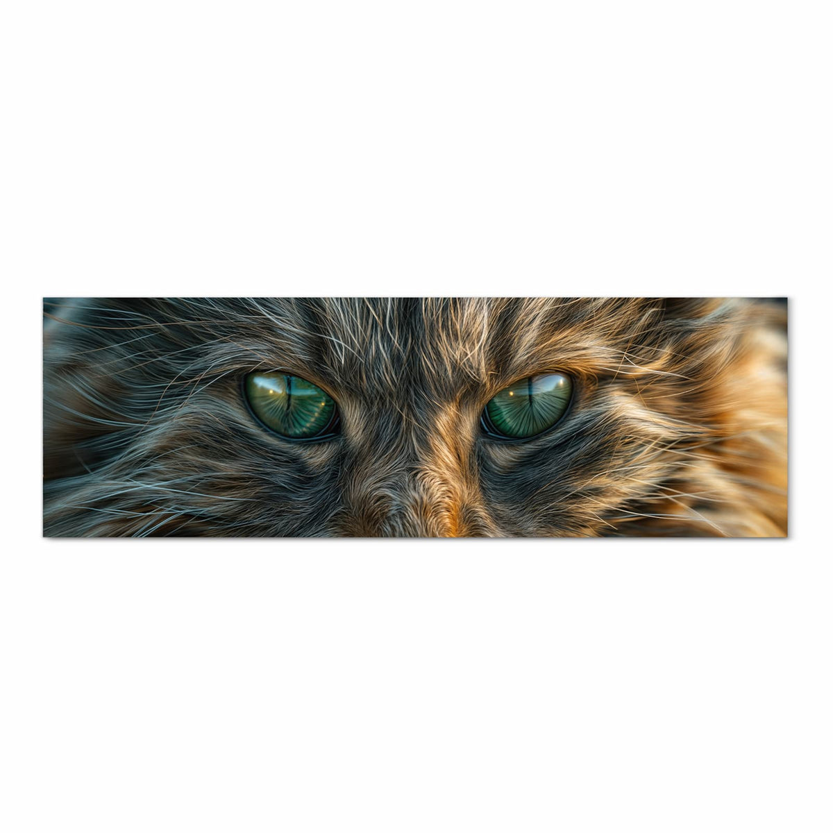 Formatfuellendes Gesicht einer getigerten Katze mit grünen Augen, warmes Braun-Grau-Fell