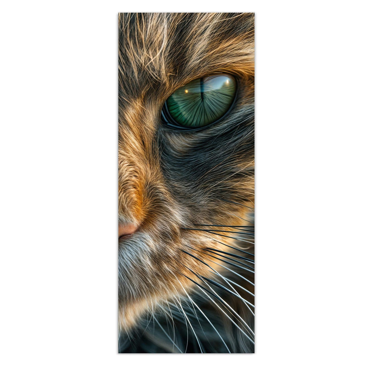 Formatfuellendes Gesicht einer getigerten Katze mit grünen Augen, warmes Braun-Grau-Fell