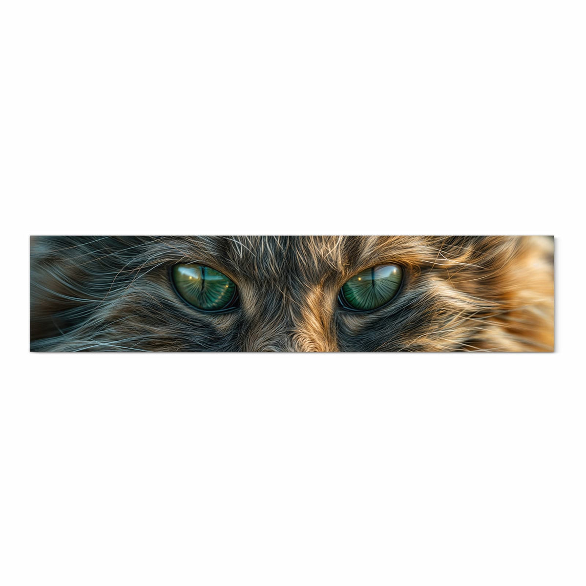 Formatfuellendes Gesicht einer getigerten Katze mit grünen Augen, warmes Braun-Grau-Fell