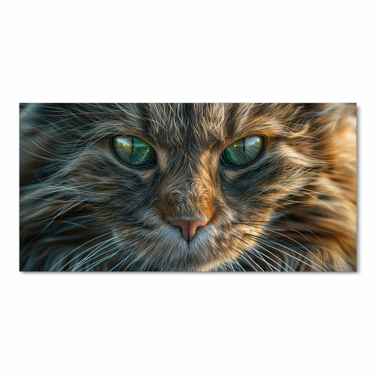 Formatfuellendes Gesicht einer getigerten Katze mit grünen Augen, warmes Braun-Grau-Fell