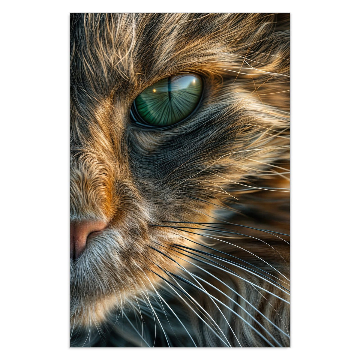 Formatfuellendes Gesicht einer getigerten Katze mit grünen Augen, warmes Braun-Grau-Fell