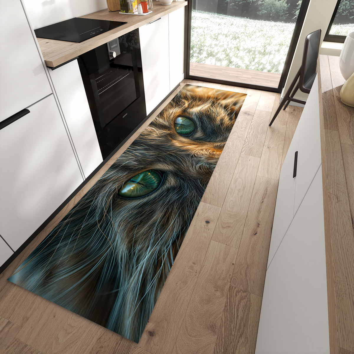 Küchenläufer Getigerte Katze in einer modernen Küche
