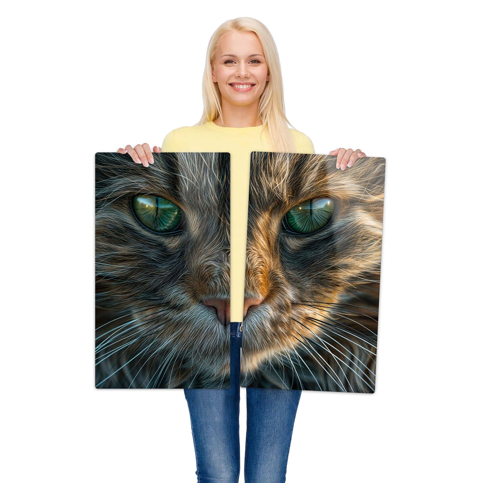 2-teilige Ceranfeld-Abdeckplatten mit Nahaufnahme & Katze-Motiv werden zur Größendarstellung gehalten
