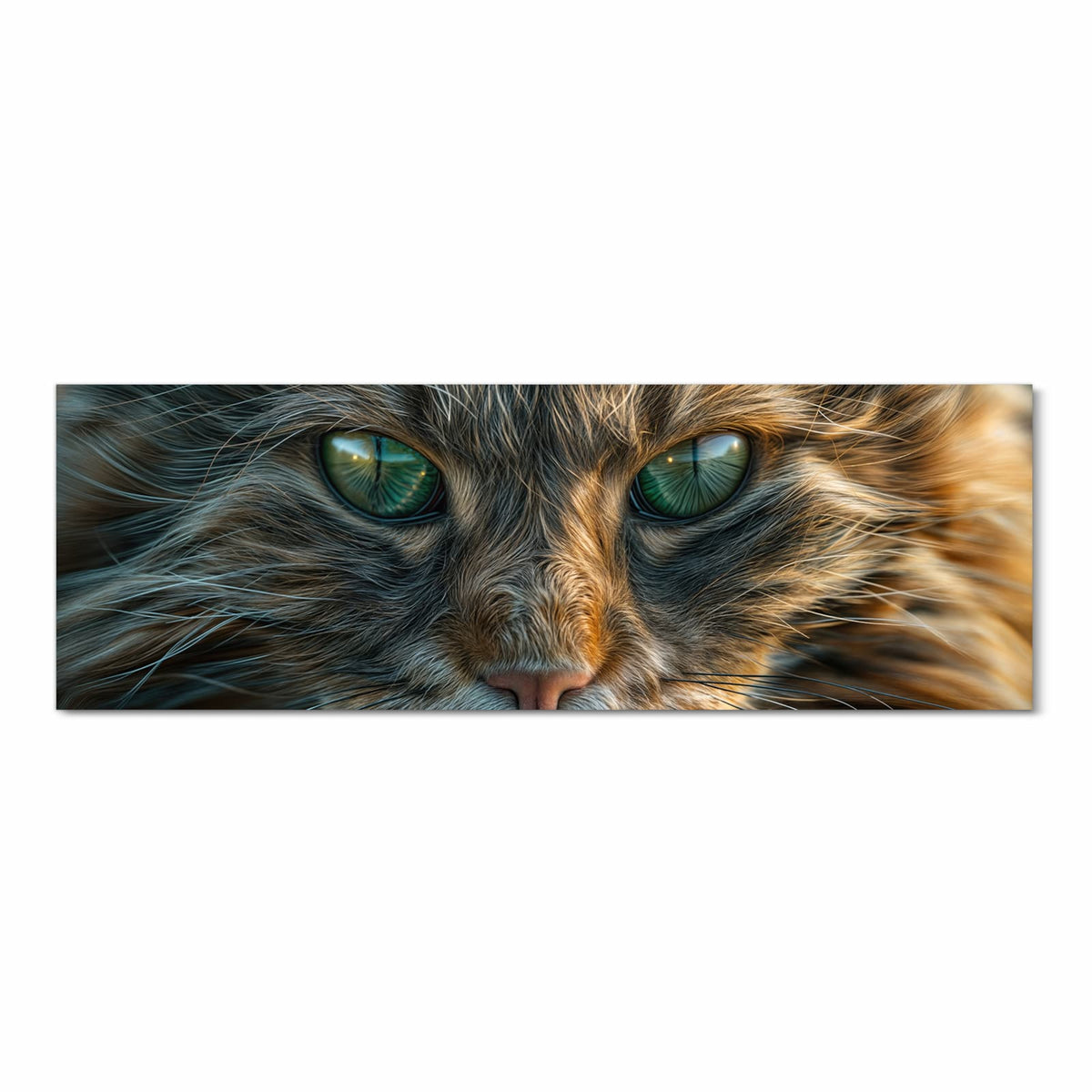 Formatfuellendes Gesicht einer getigerten Katze mit grünen Augen, warmes Braun-Grau-Fell