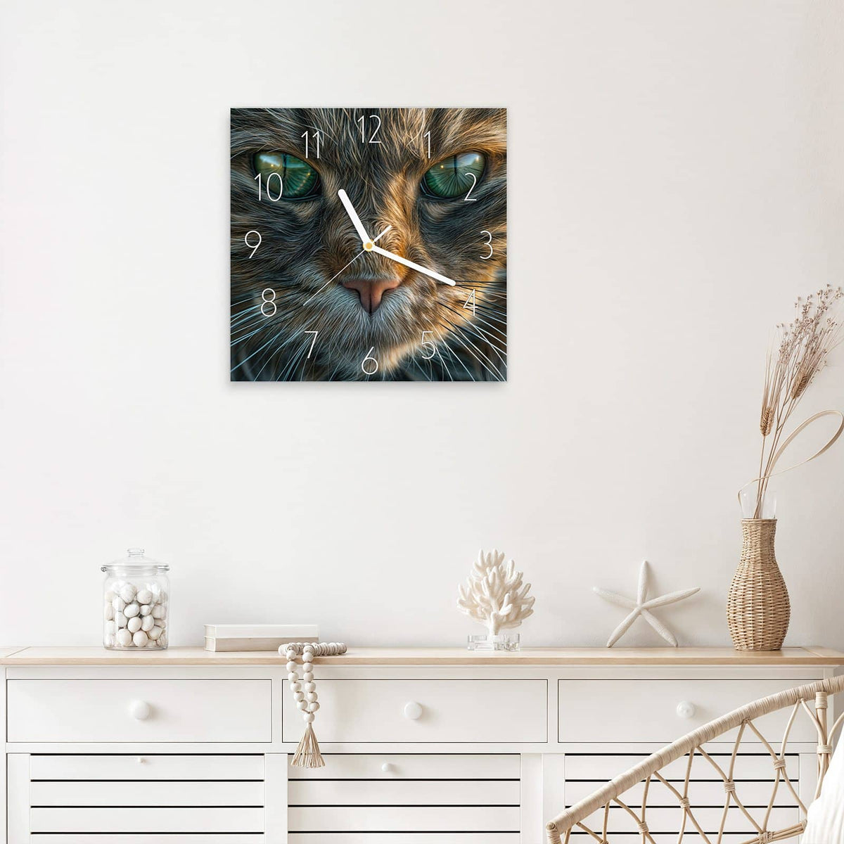 Wanduhr Getigerte Katze aus Glas – Quadratisch 30 × 30 cm – Katzenporträt mit grünen Augen
