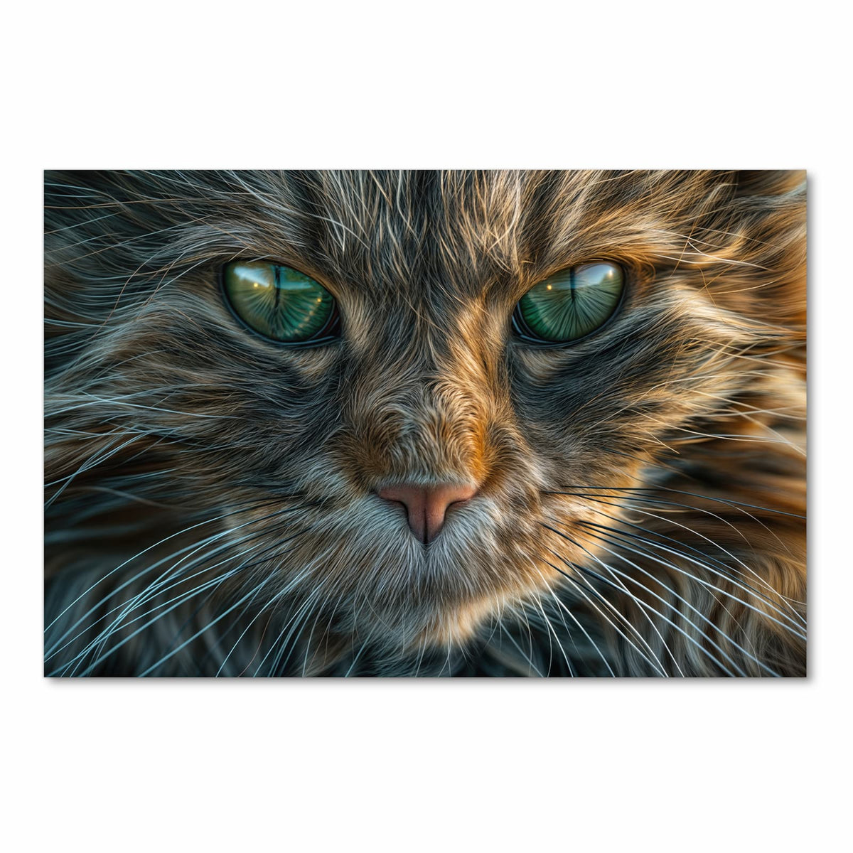 Formatfuellendes Gesicht einer getigerten Katze mit grünen Augen, warmes Braun-Grau-Fell