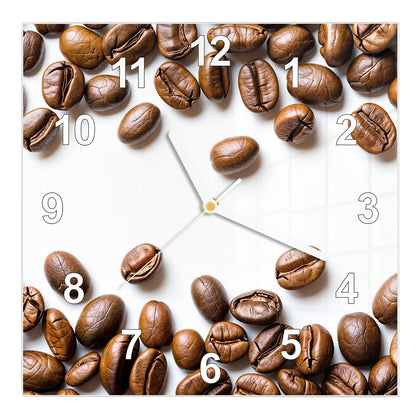 Wanduhr Quadratisch mit dem Motiv Kaffeebohnen auf Weiß