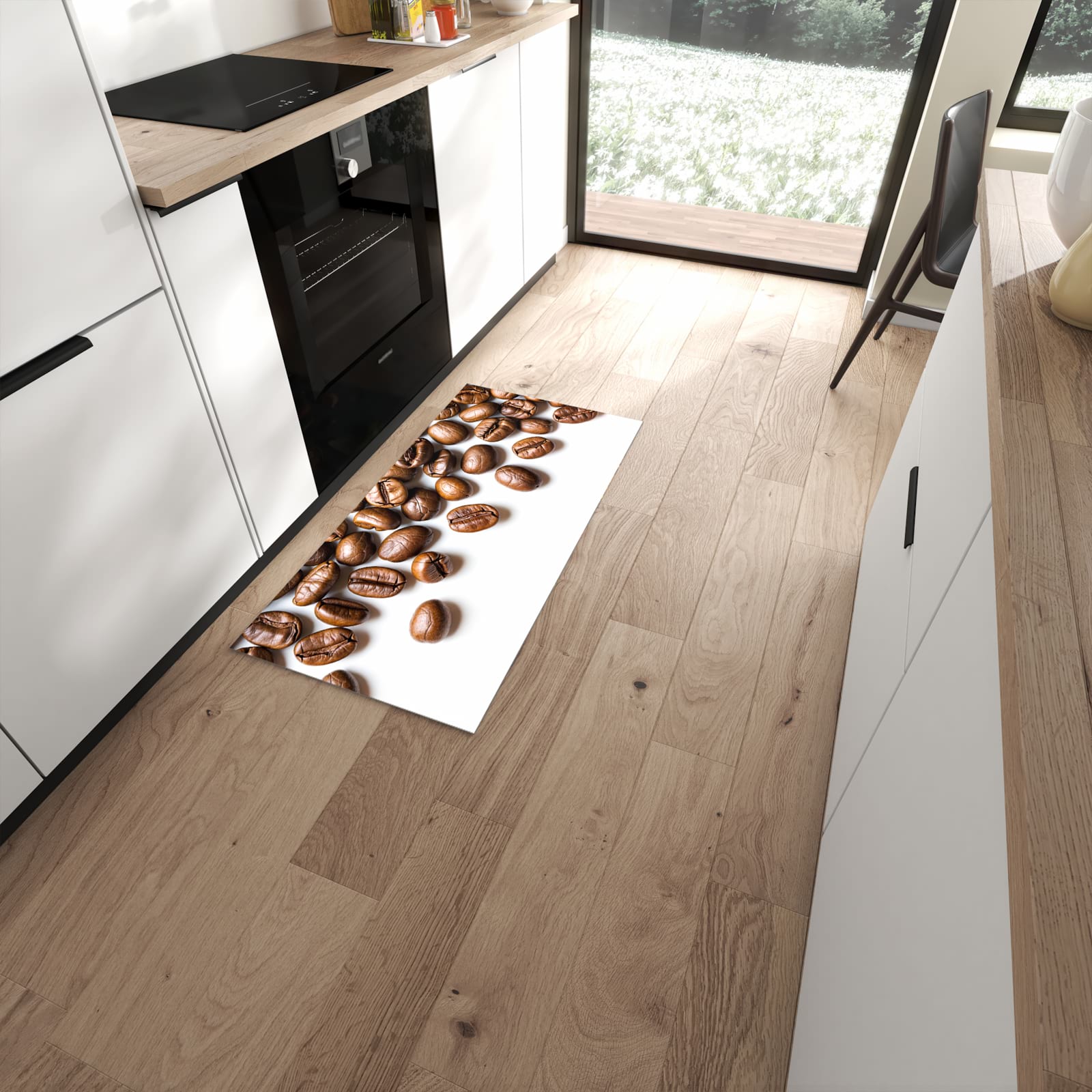 UV-beständiger waschbarer Küchenteppich mit Motiv Verträumte Kaffeebohnen in moderner Küche #grösse_60 x 120 cm