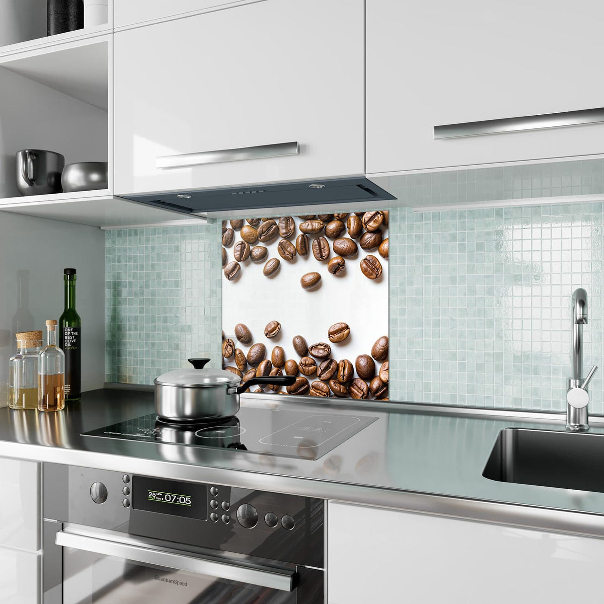 Küchenrückwand Kaffeebohnen auf Weiß aus Glas – Kaffeebohnen rahmen freie weiße Mitte