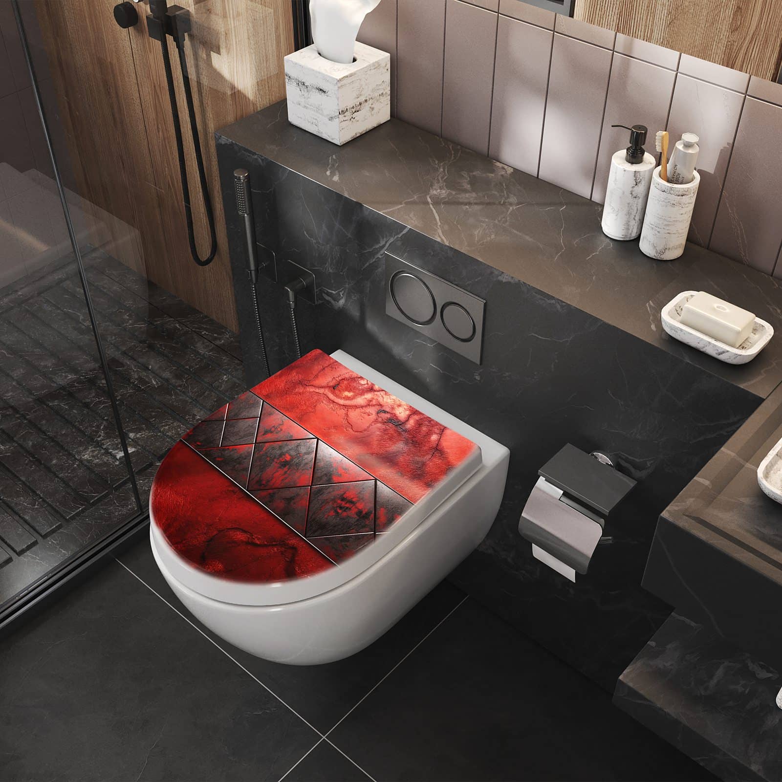 WC-Sitz mit Absenkautomatik Dunkle Muster Wand