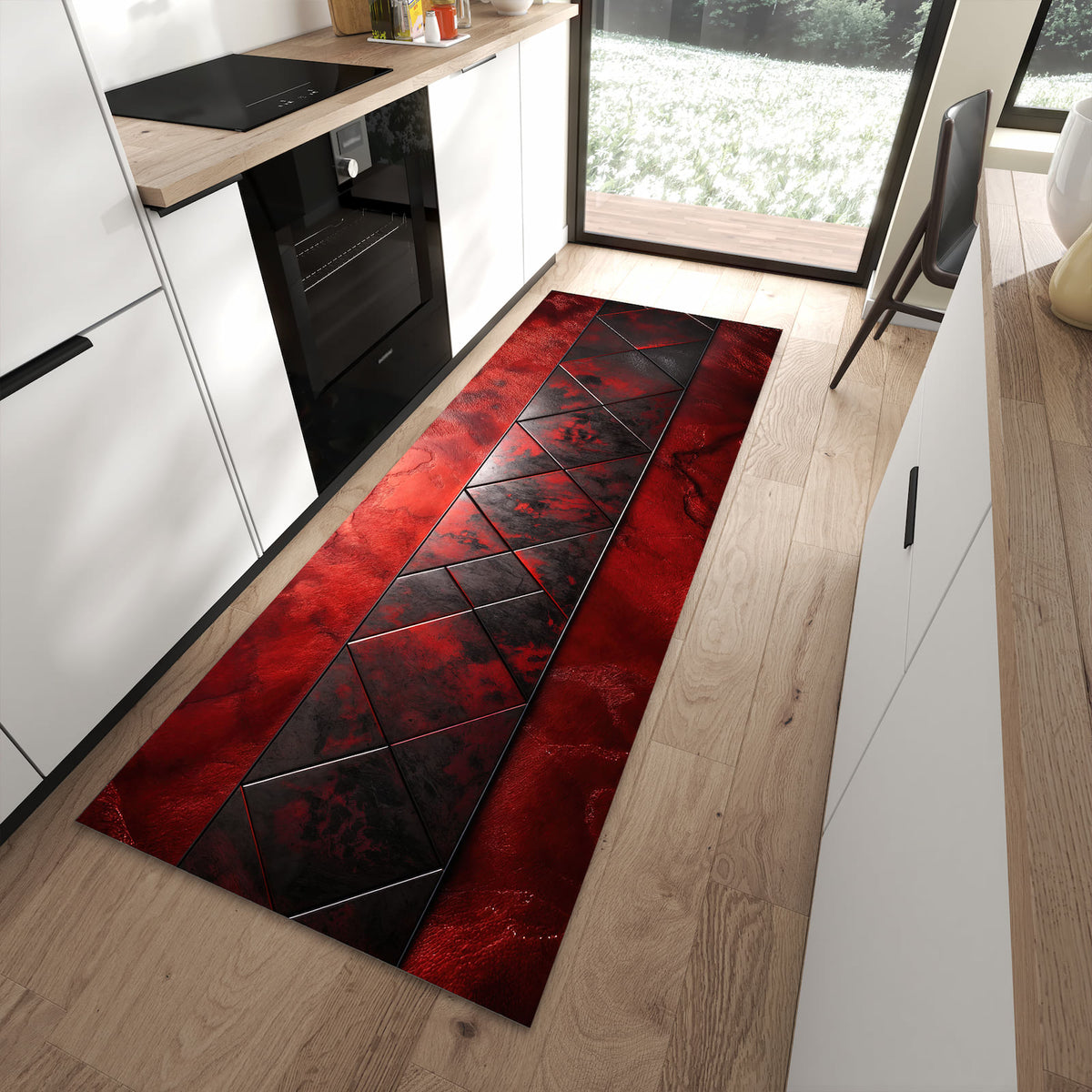 Abriebfester Küchenteppich mit Motiv Dunkle Muster Wand in moderner Küche