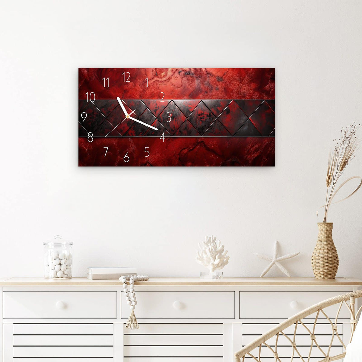 Wanduhr Dunkle Muster Wand aus Glas – Querformat 60 × 30 cm – Rote Rauten mit schwarzen Akzenten