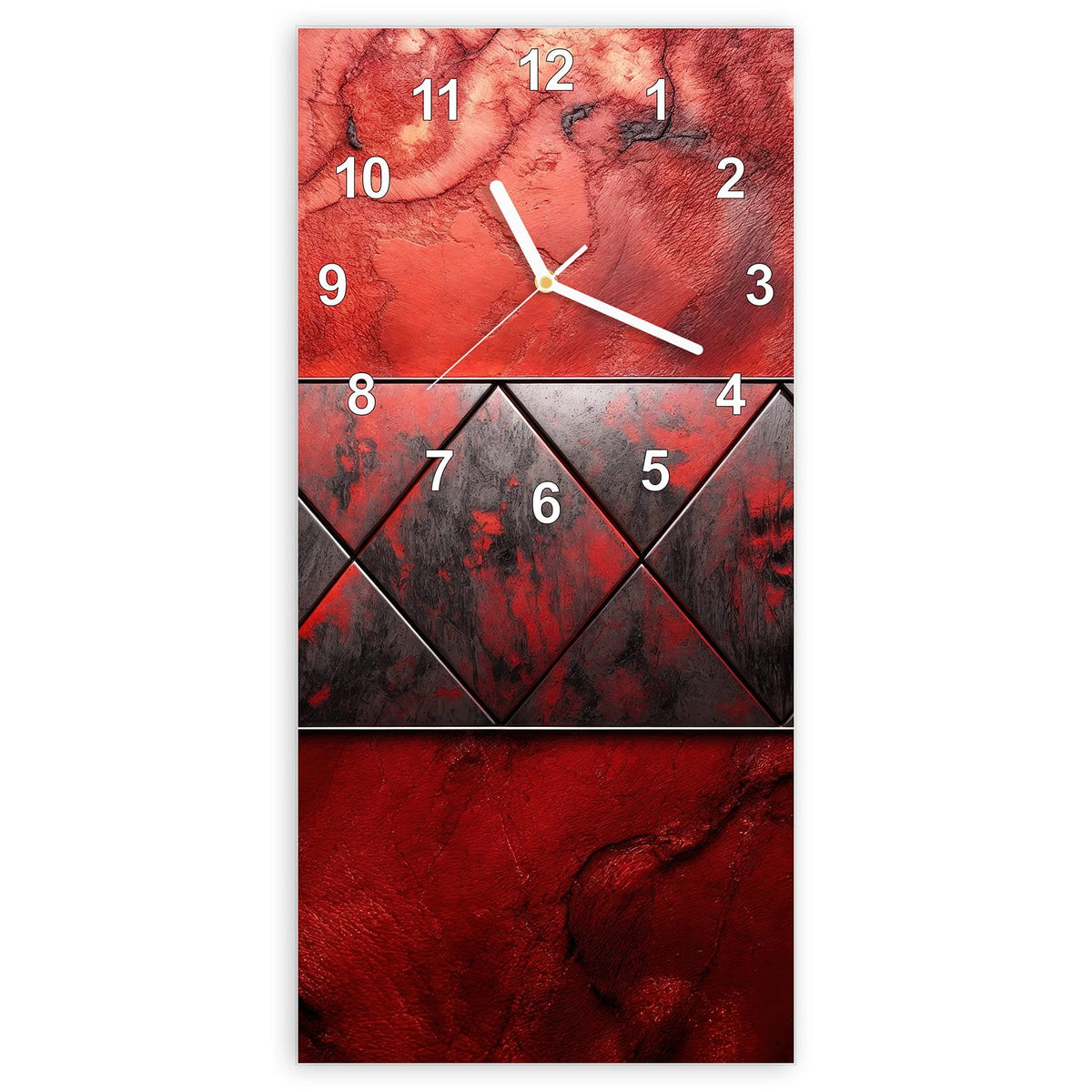 Wanduhr aus Glas, Ziffernblatt Modern: Rot marmorierte Fläche mit waagerechtem Band aus dunklen Dreiecken