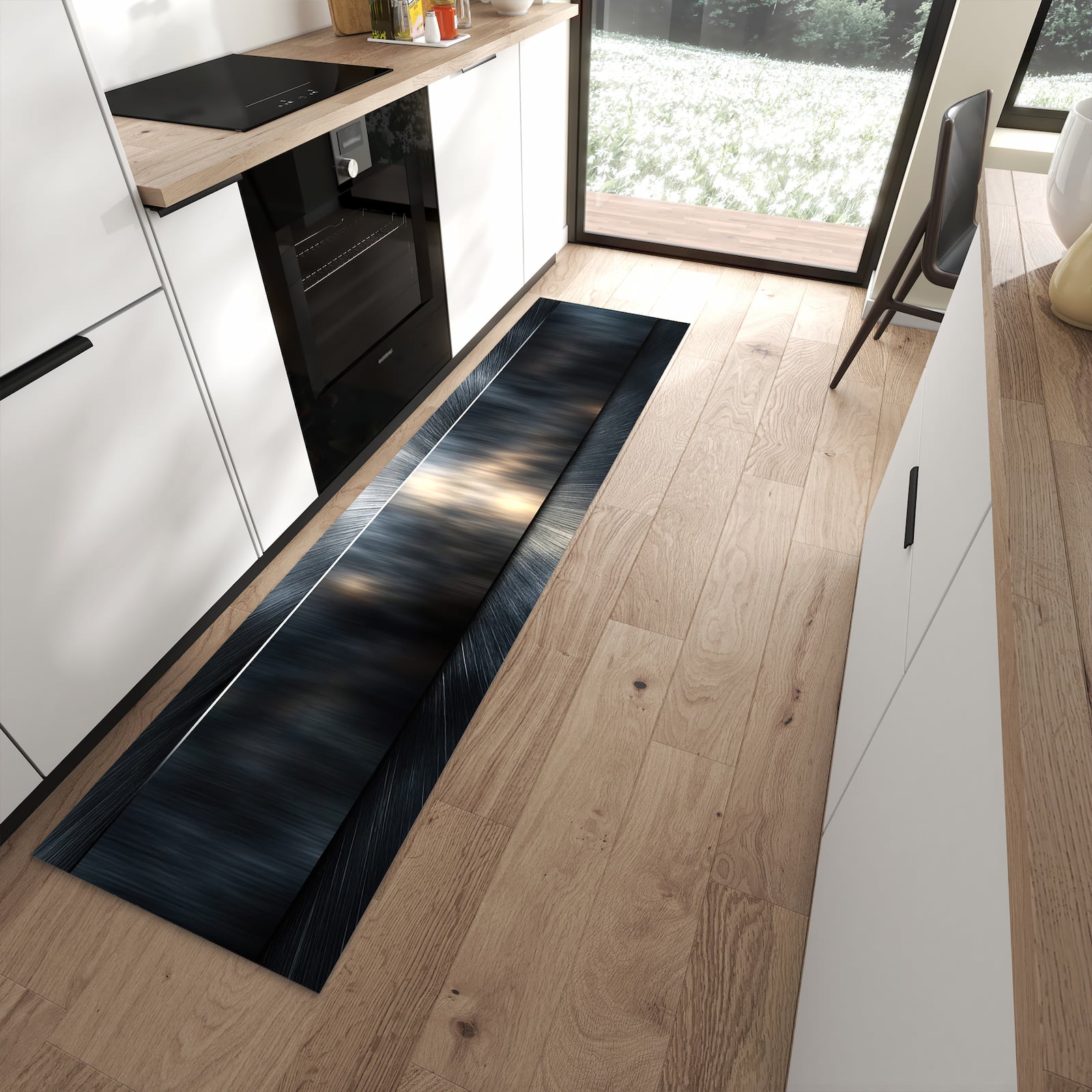 Geruchsneutraler Küchenteppich mit Motiv Energieblitz in moderner Küche