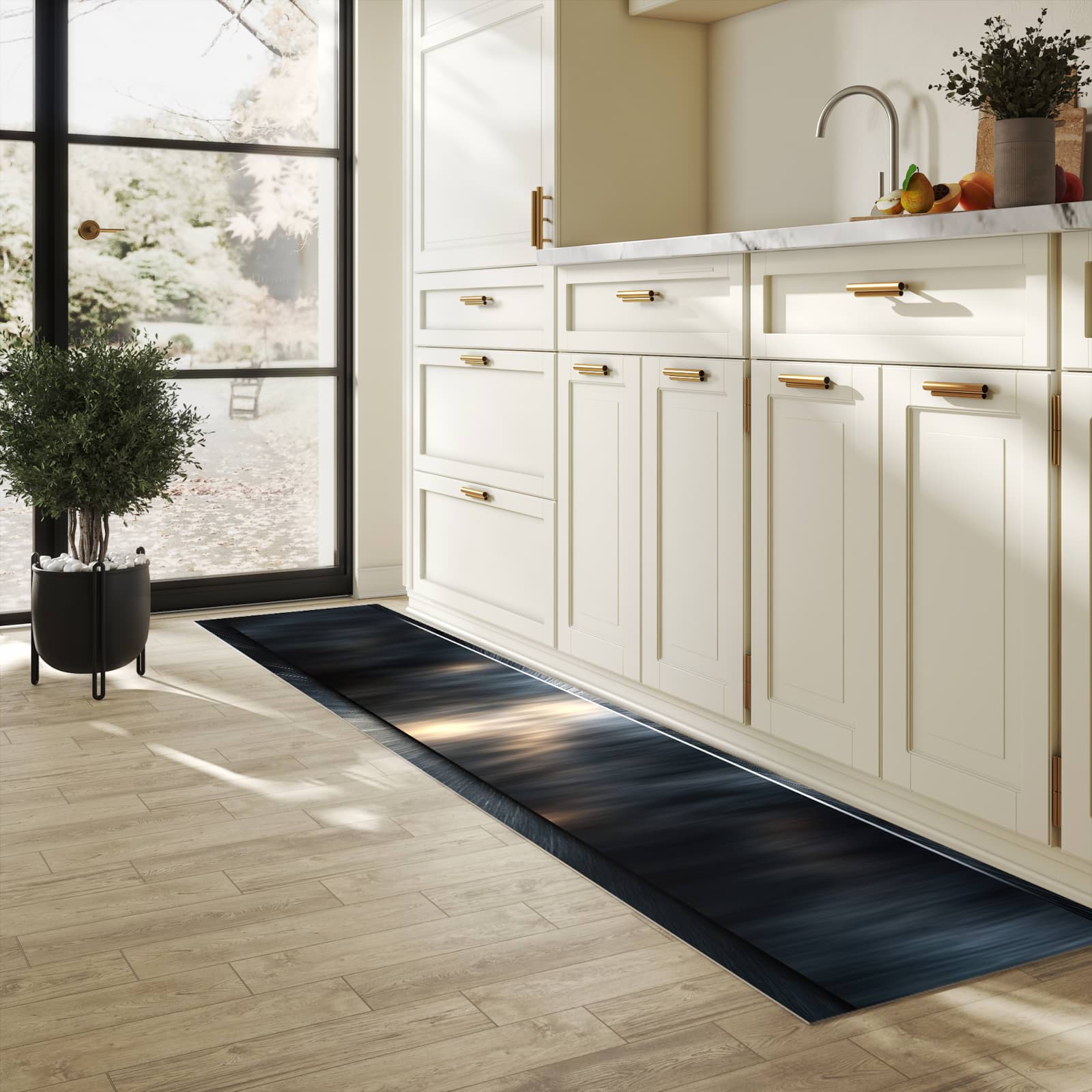 Bodenschonender Küchenteppich mit Motiv Energieblitz in heller Küche