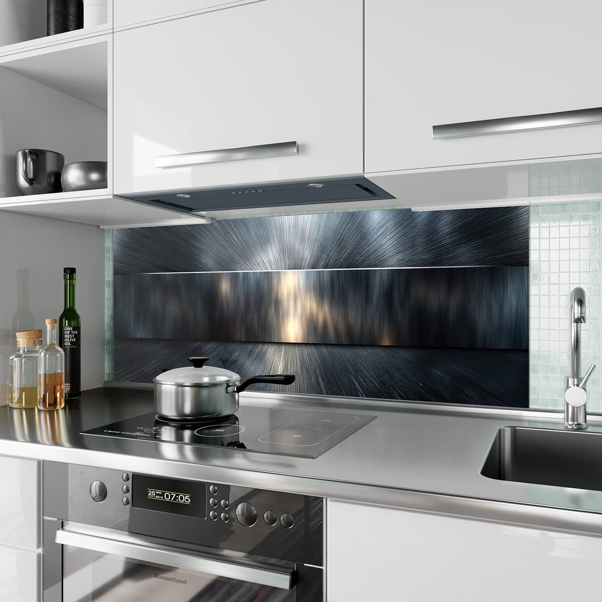 Küchenrückwand aus Glas Silberne Lichtstrahlen im Hochformat als Spritzschutz hinter dem Kochfeld, über dem Fliesenspiegel montiert