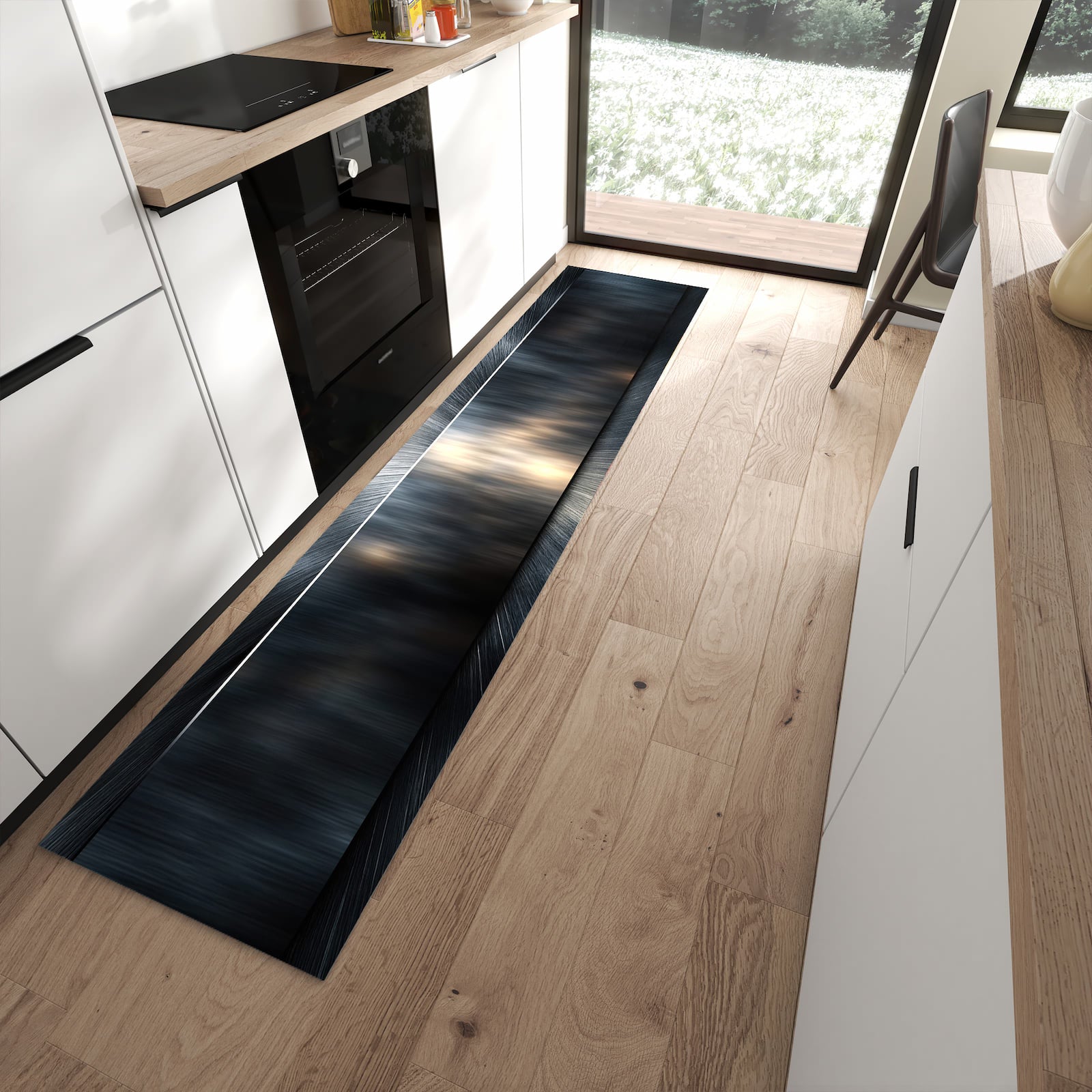 Langlebiger Küchenteppich mit Motiv Energieblitz in moderner Küche