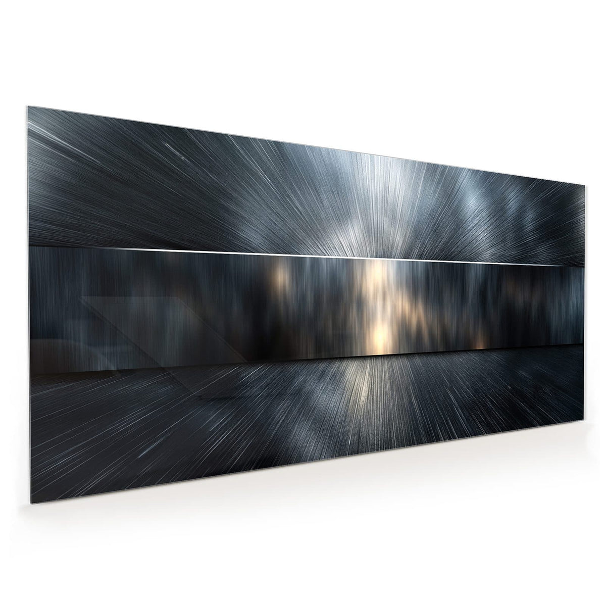 Küchenrückwand aus Glas im Hochformat: Radiale Lichtstrahlen auf gebürstetem Silbergrau mit warmem Lichtschein in der Mitte