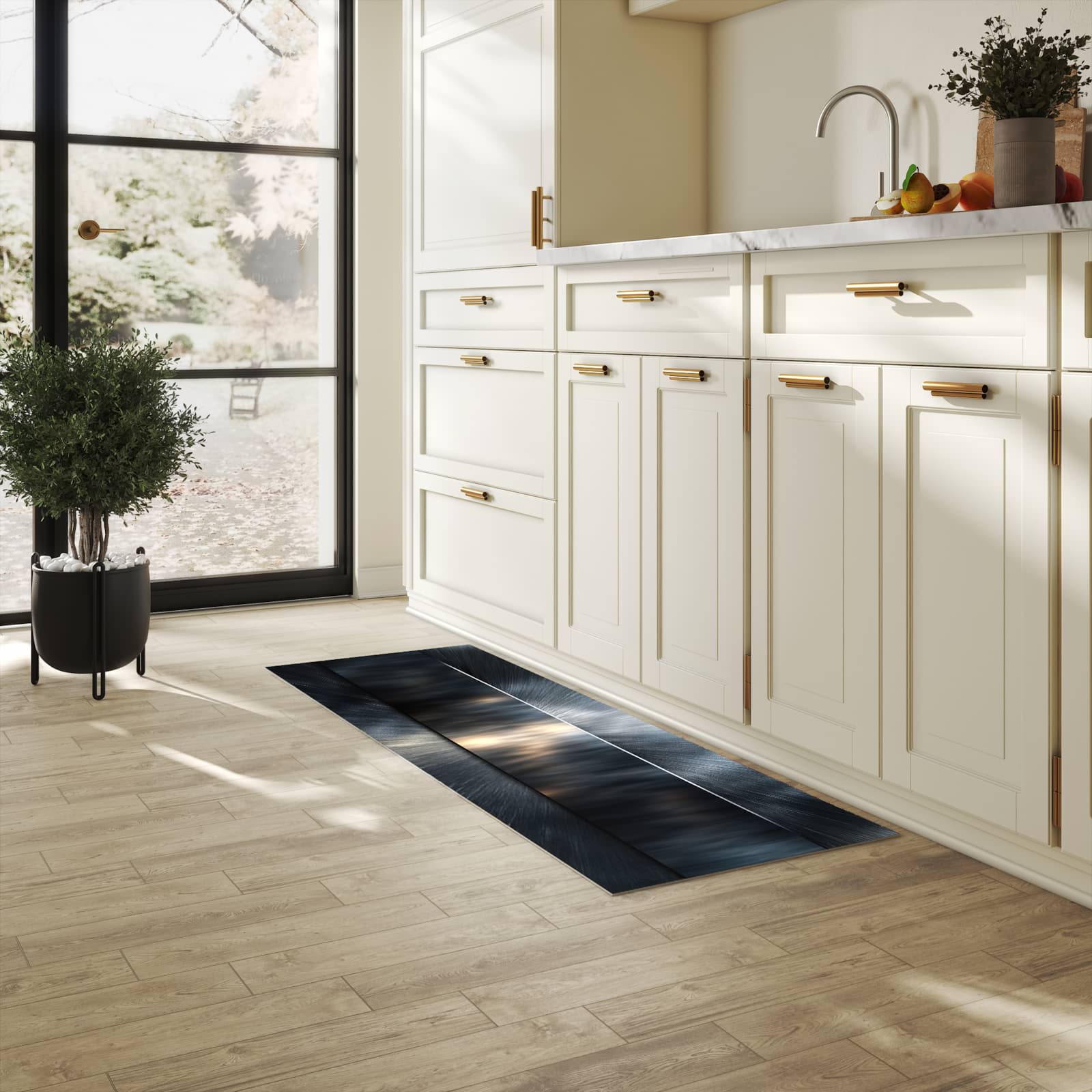 Langlebiger Bodenläufer mit Motiv Energieblitz in heller Küche