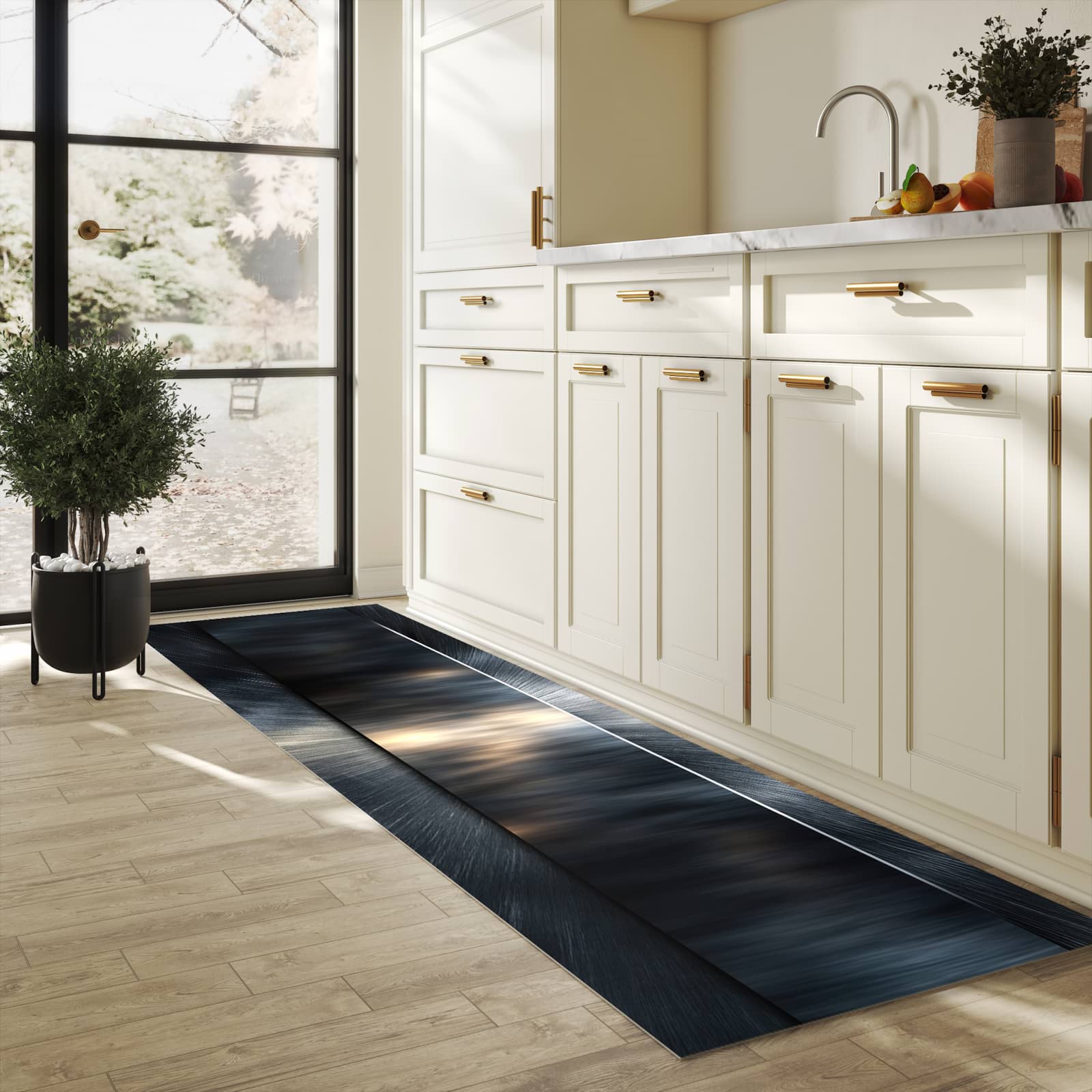 Waschbarer Küchenteppich mit Motiv Energieblitz in heller Küche für sichere Aufbewahrung