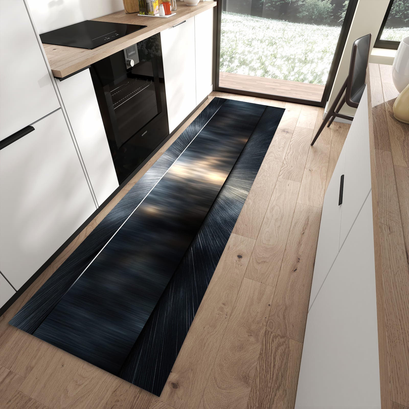 Pflegeleichter Küchenteppich mit Motiv Energieblitz in moderner Küche