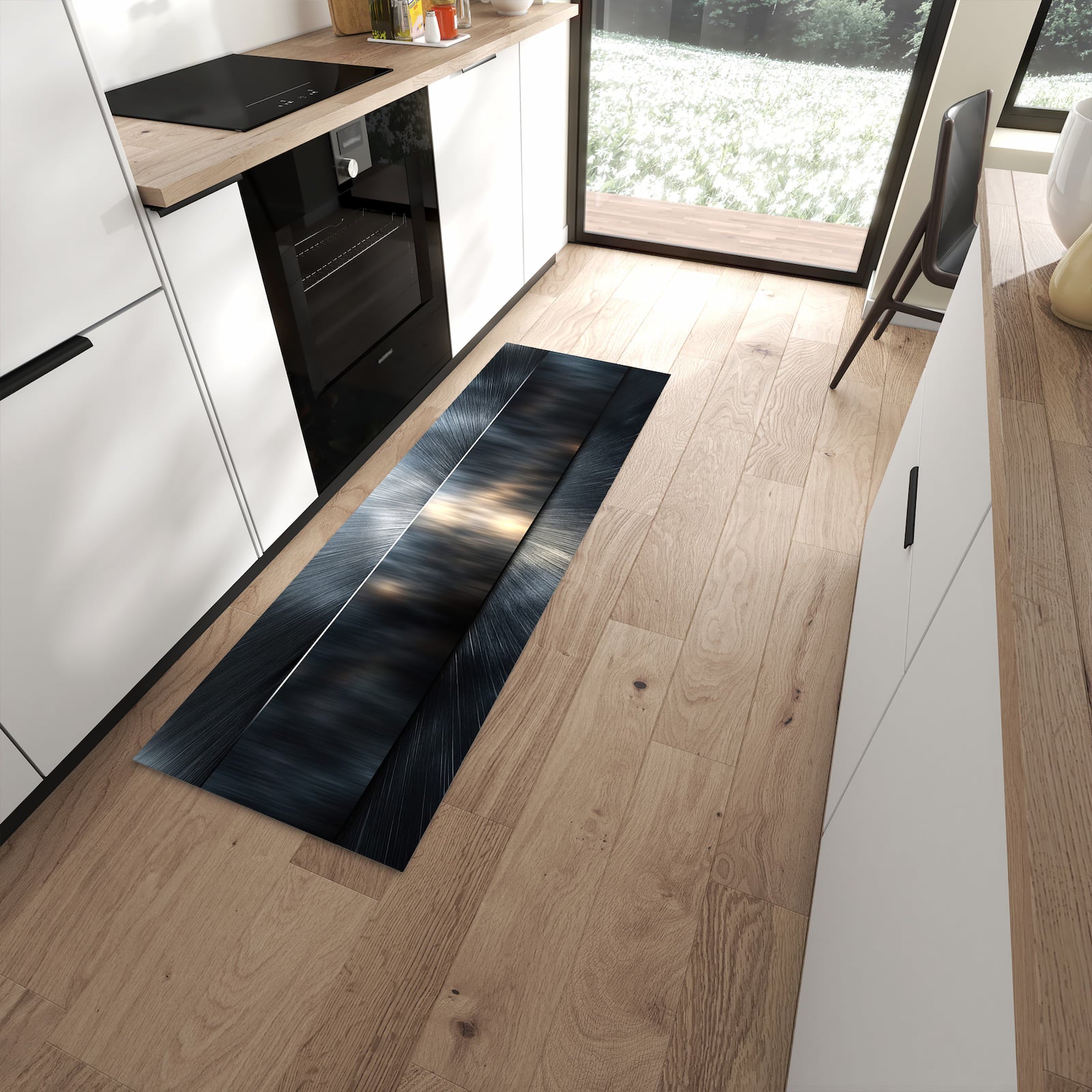 Schmutzabweisender Küchenläufer mit Motiv Energieblitz in moderner Küche