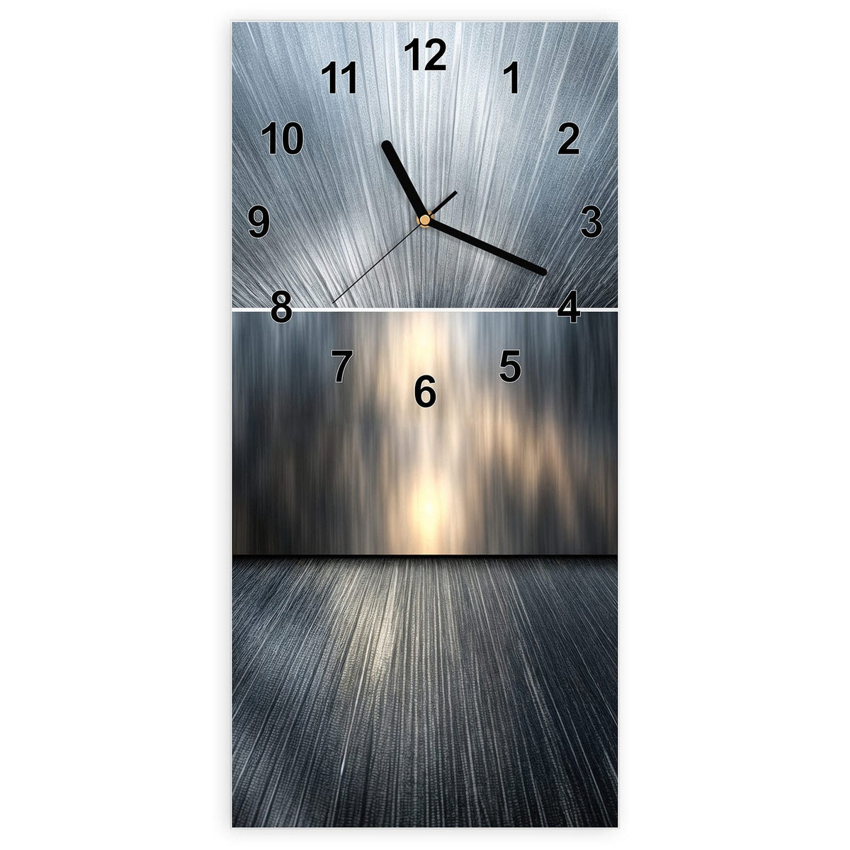 Wanduhr aus Glas, Ziffernblatt Modern: Radiale Lichtstrahlen auf gebürstetem Silbergrau mit warmem Lichtschein in der Mitte