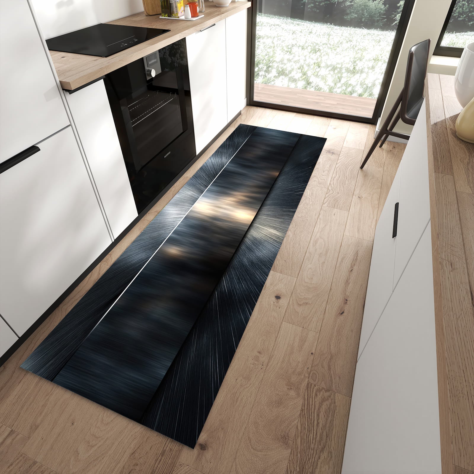 Rutschfester Küchenteppich mit Motiv Energieblitz in moderner Küche