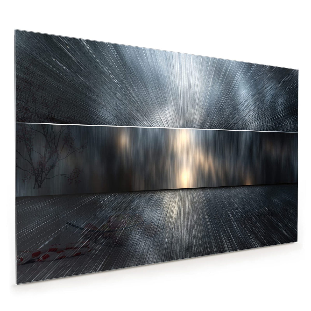 Küchenrückwand aus Glas im Hochformat: Radiale Lichtstrahlen auf gebürstetem Silbergrau mit warmem Lichtschein in der Mitte