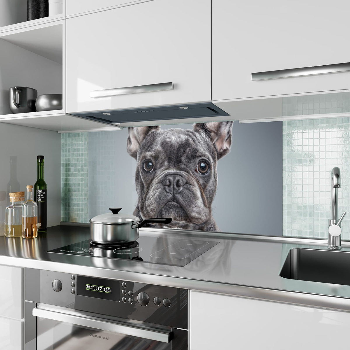 Küchenrückwand aus Glas Französische Bulldogge im Hochformat als Spritzschutz hinter dem Kochfeld, über dem Fliesenspiegel montiert