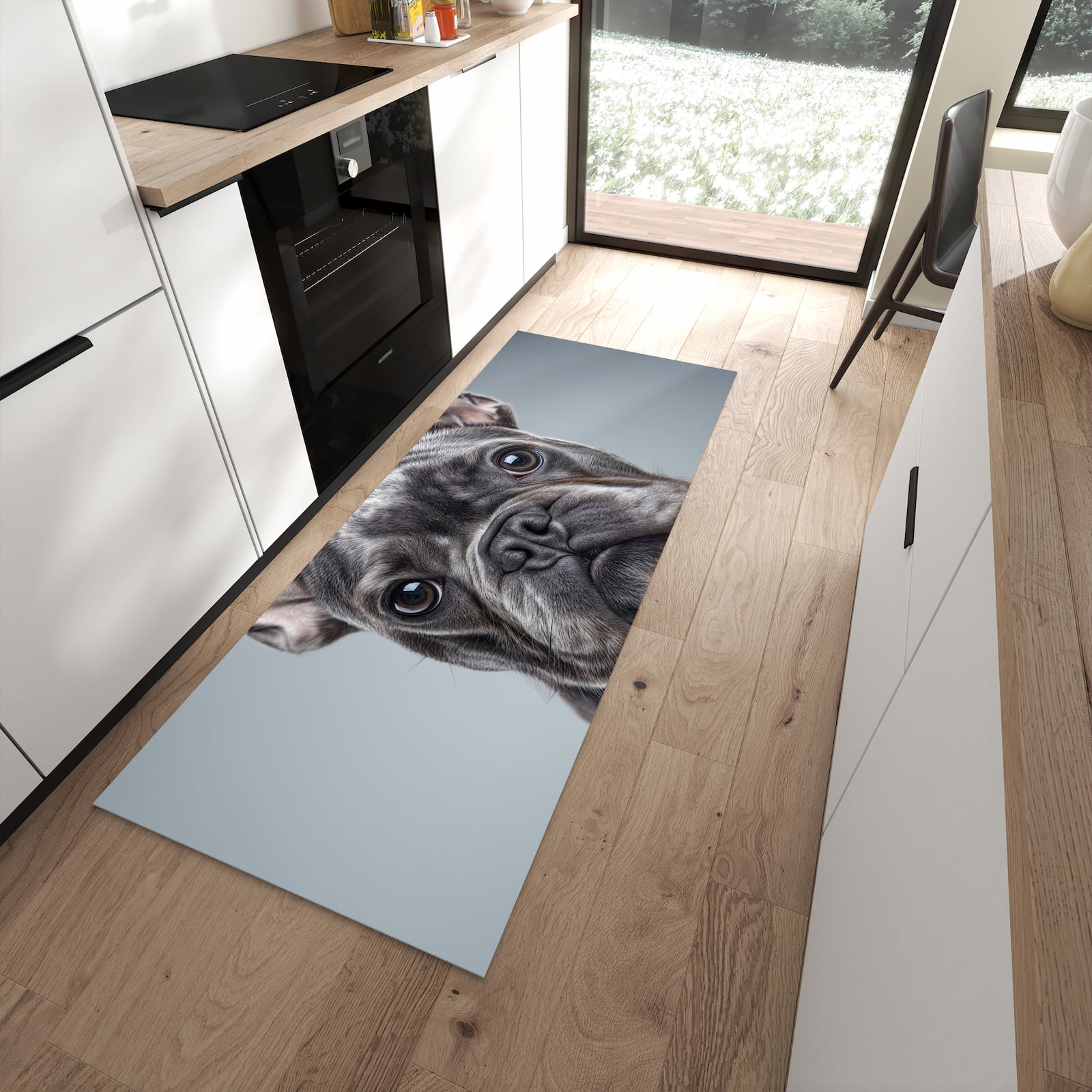 Strapazierfähiger Küchenläufer mit Motiv Französische Bulldogge in moderner Küche
