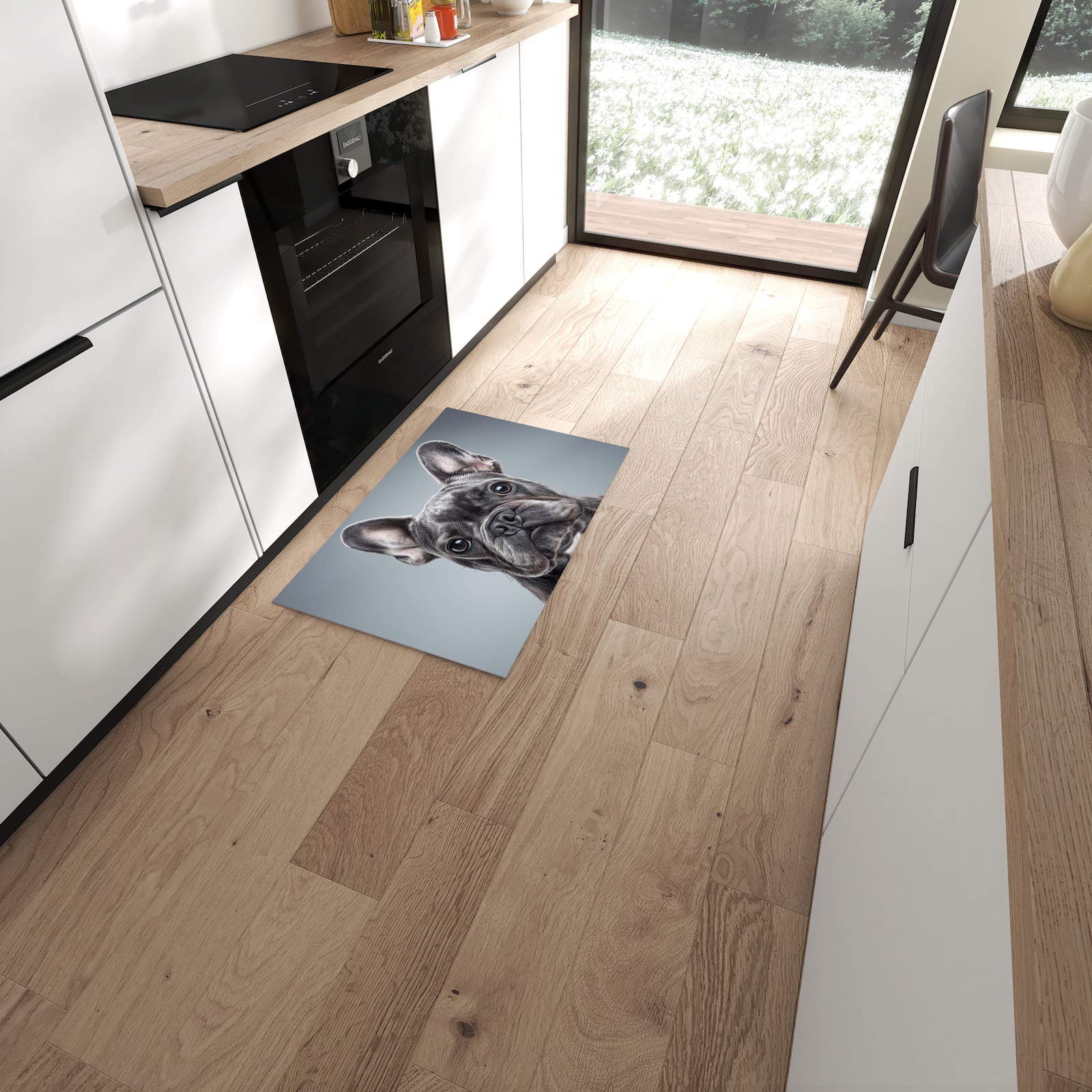 Hygienischer Küchenläufer mit Motiv Französische Bulldogge in moderner Küche