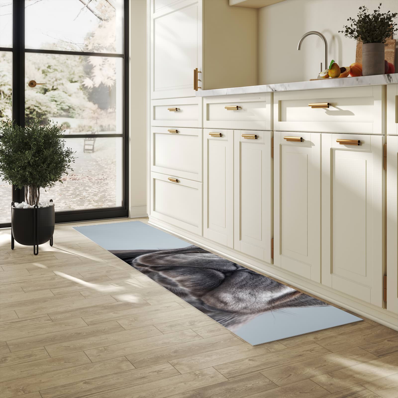 Flacher Läufer mit Motiv Französische Bulldogge für rutschfesten Halt in heller Küche