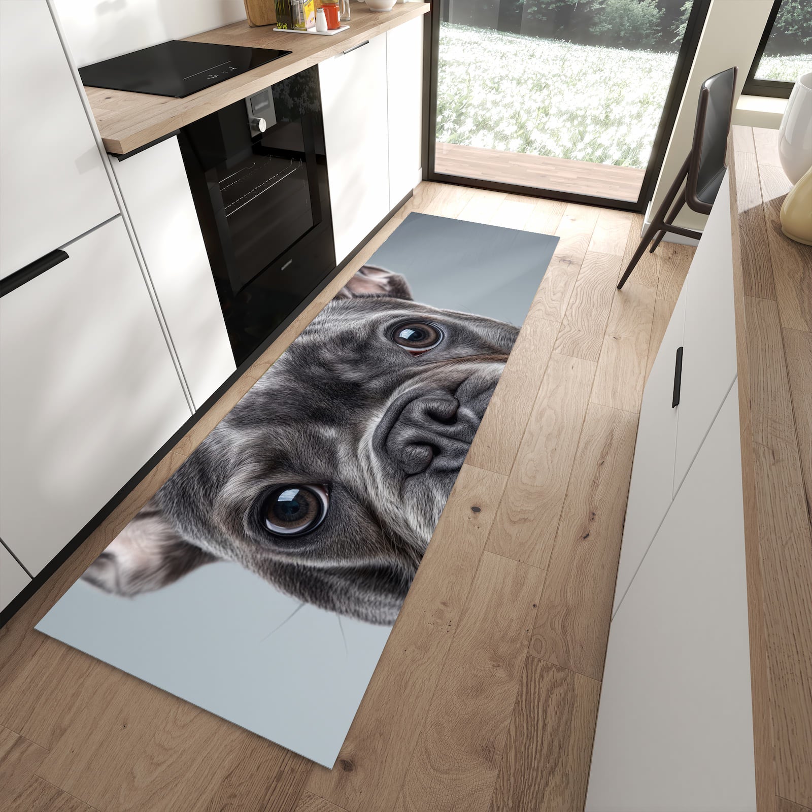 Waschbarer Küchenläufer mit Motiv Französische Bulldogge in moderner Küche