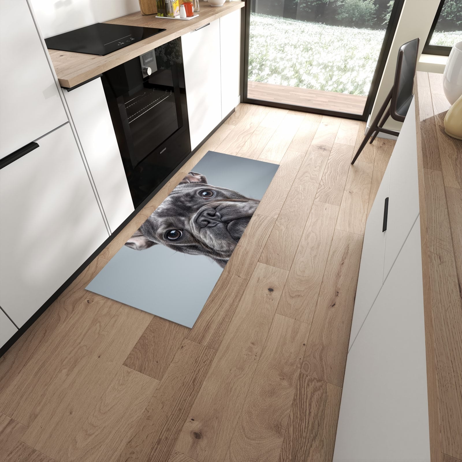 Pflegeleichter waschbarer Küchenteppich mit Motiv Französische Bulldogge in moderner Küche #grösse_60 x 150 cm