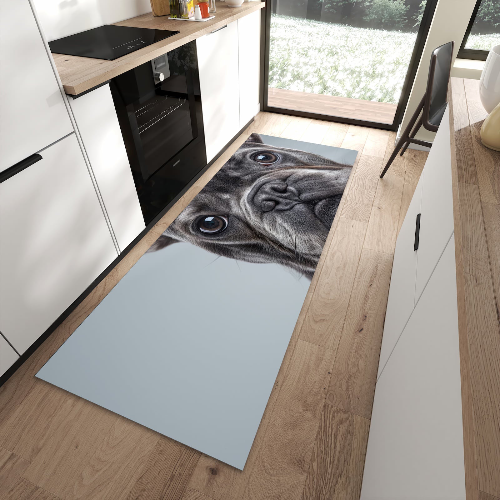 Bodenschonender rutschfester Küchenläufer mit Motiv Französische Bulldogge in moderner Küche