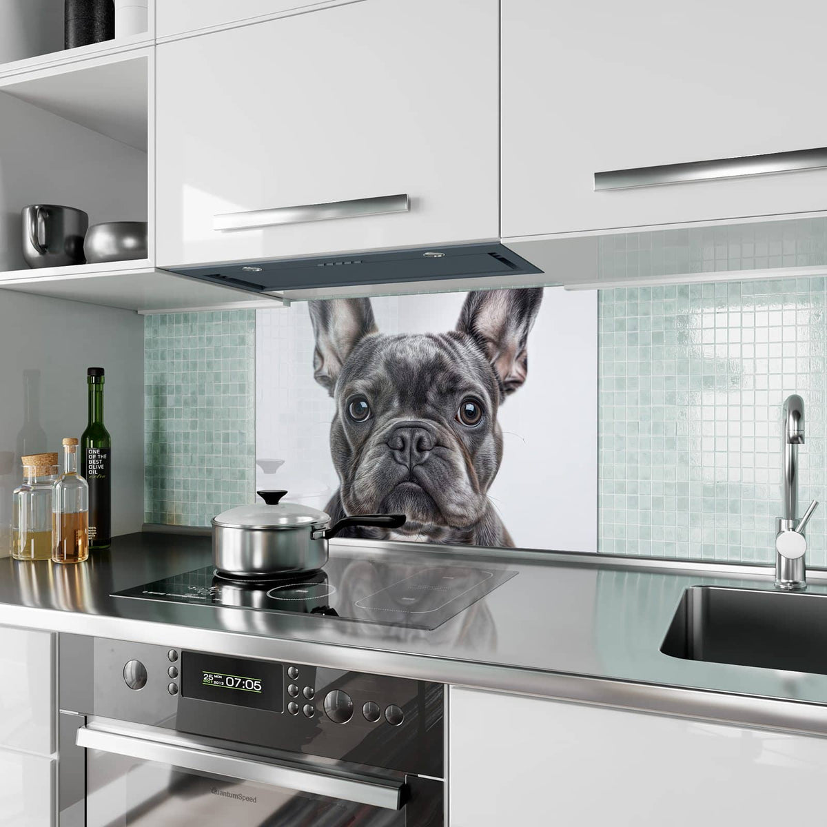 Küchenrückwand aus Glas Französische Bulldogge im Hochformat als Spritzschutz hinter dem Kochfeld, über dem Fliesenspiegel montiert