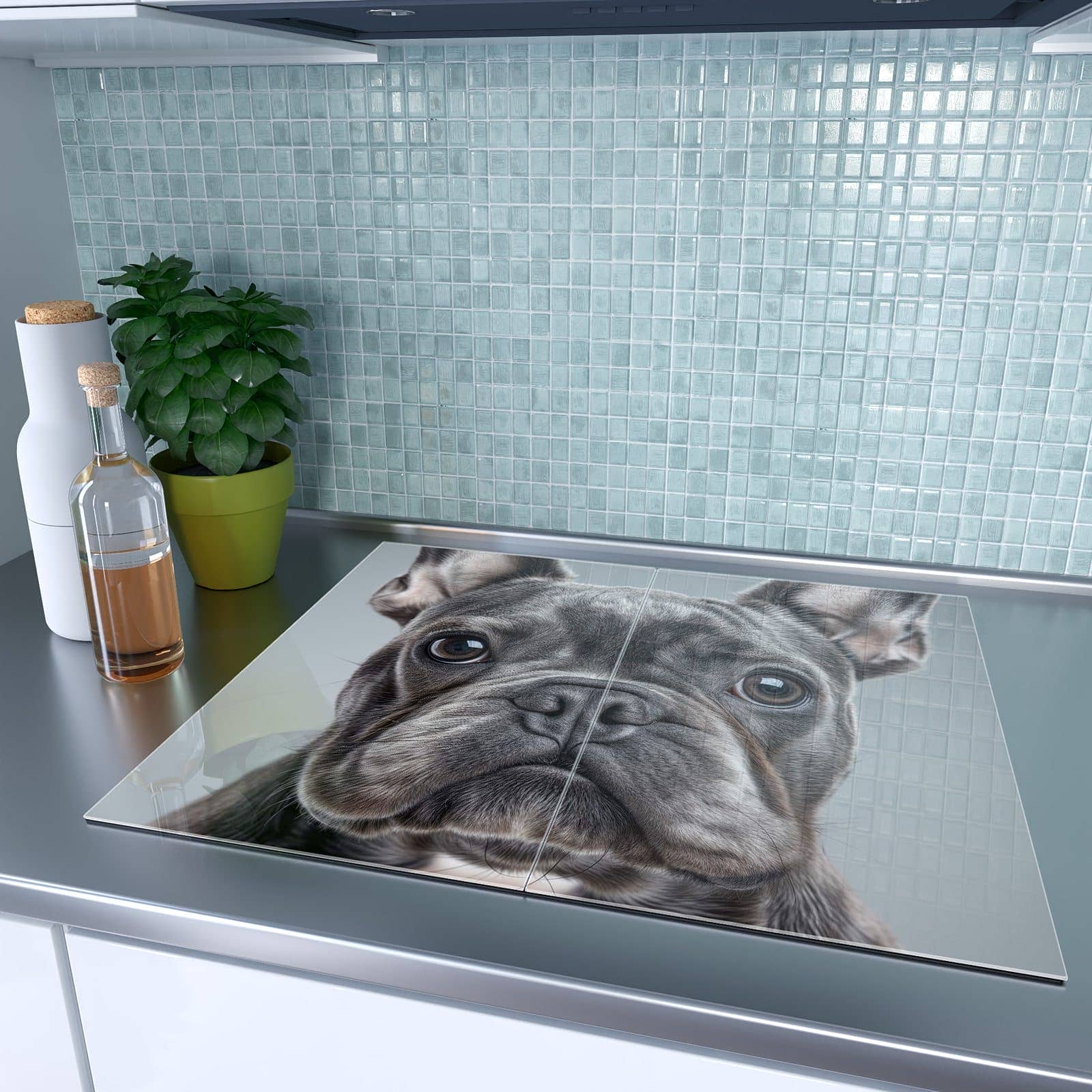 2-teilige Herdabdeckplatte für Induktion mit Französische & Bulldogge-Motiv auf dem Ceranfeld