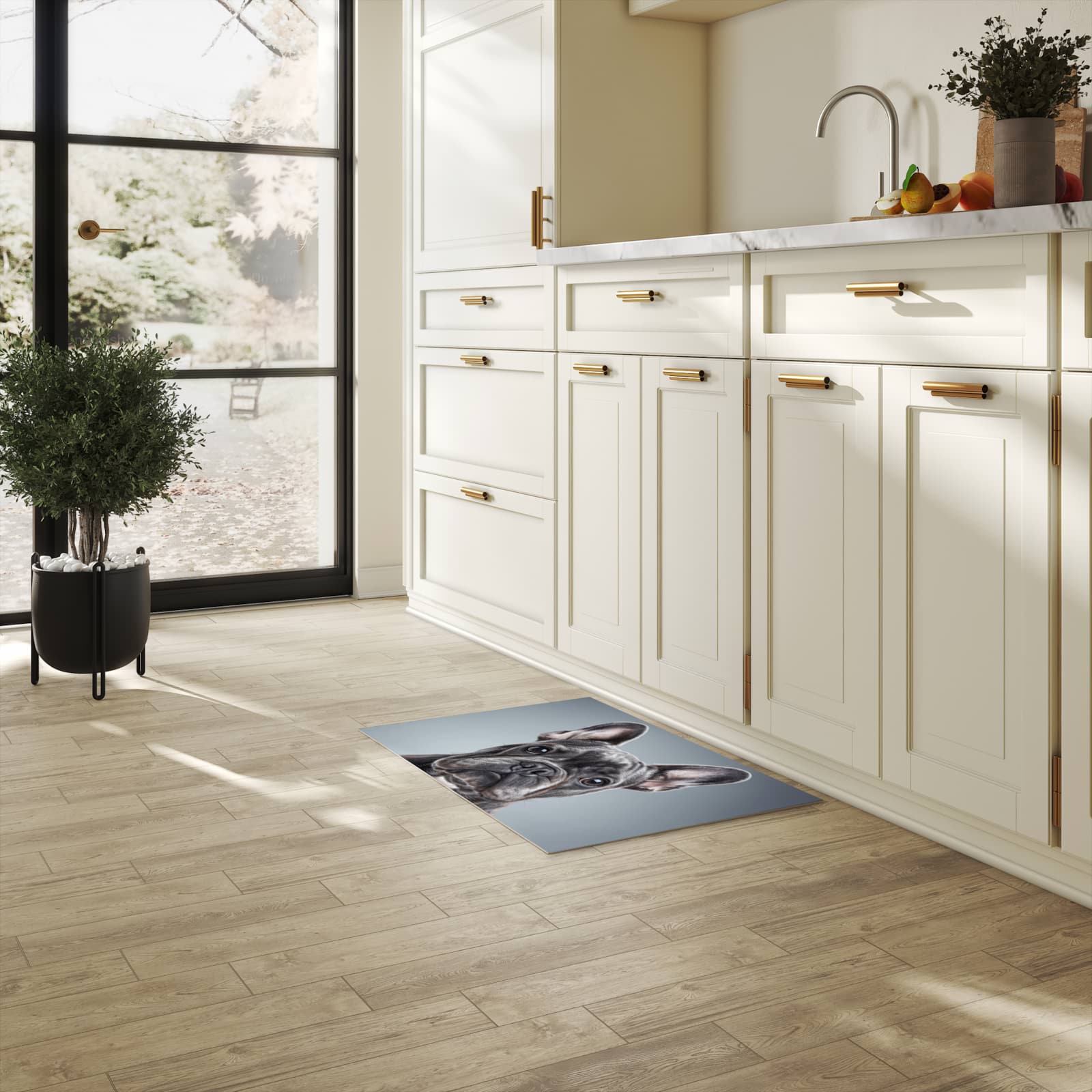 Komfortabler rutschfester Küchenteppich mit Motiv Französische Bulldogge in heller Küche