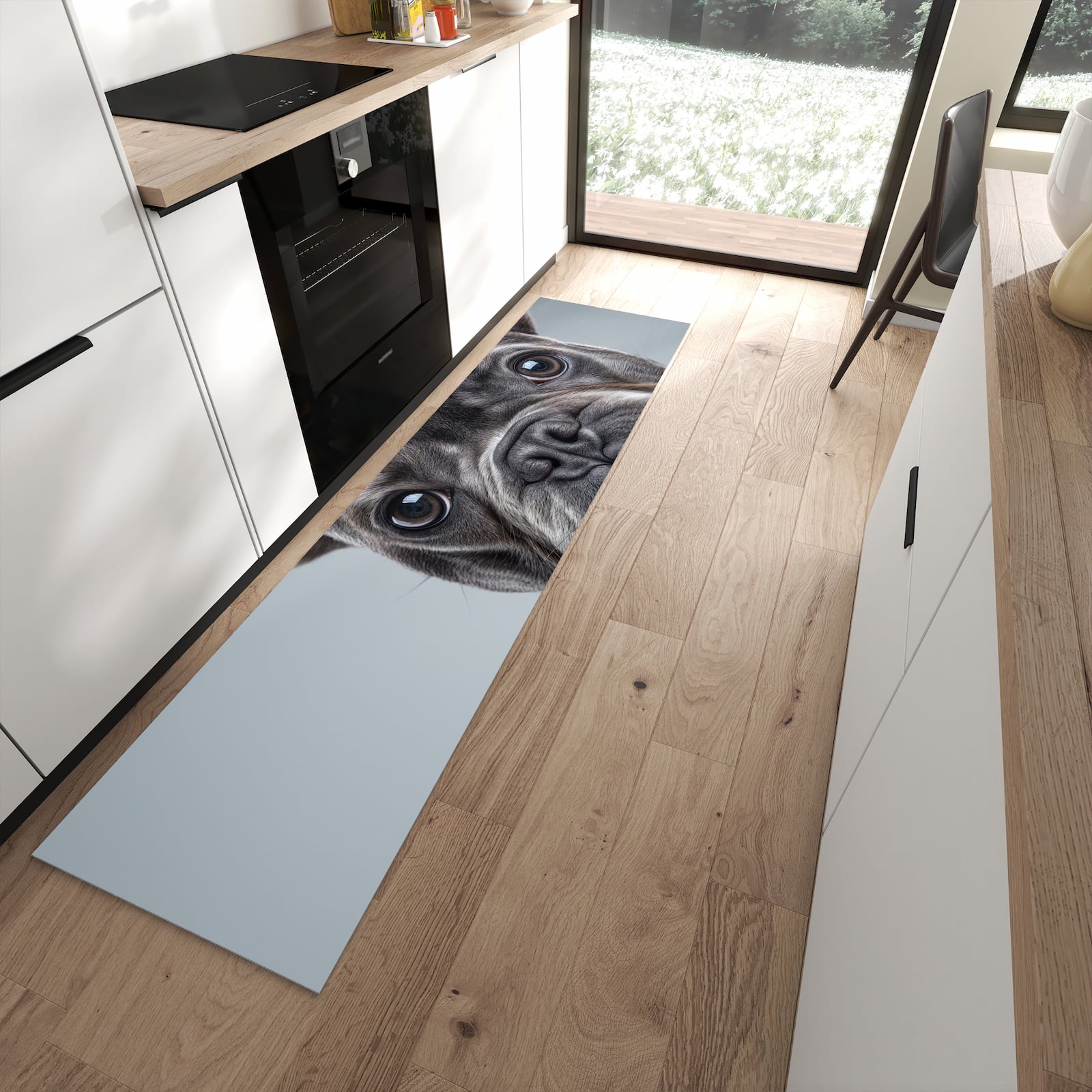 Rutschfester Küchenteppich mit Motiv Französische Bulldogge in moderner Küche