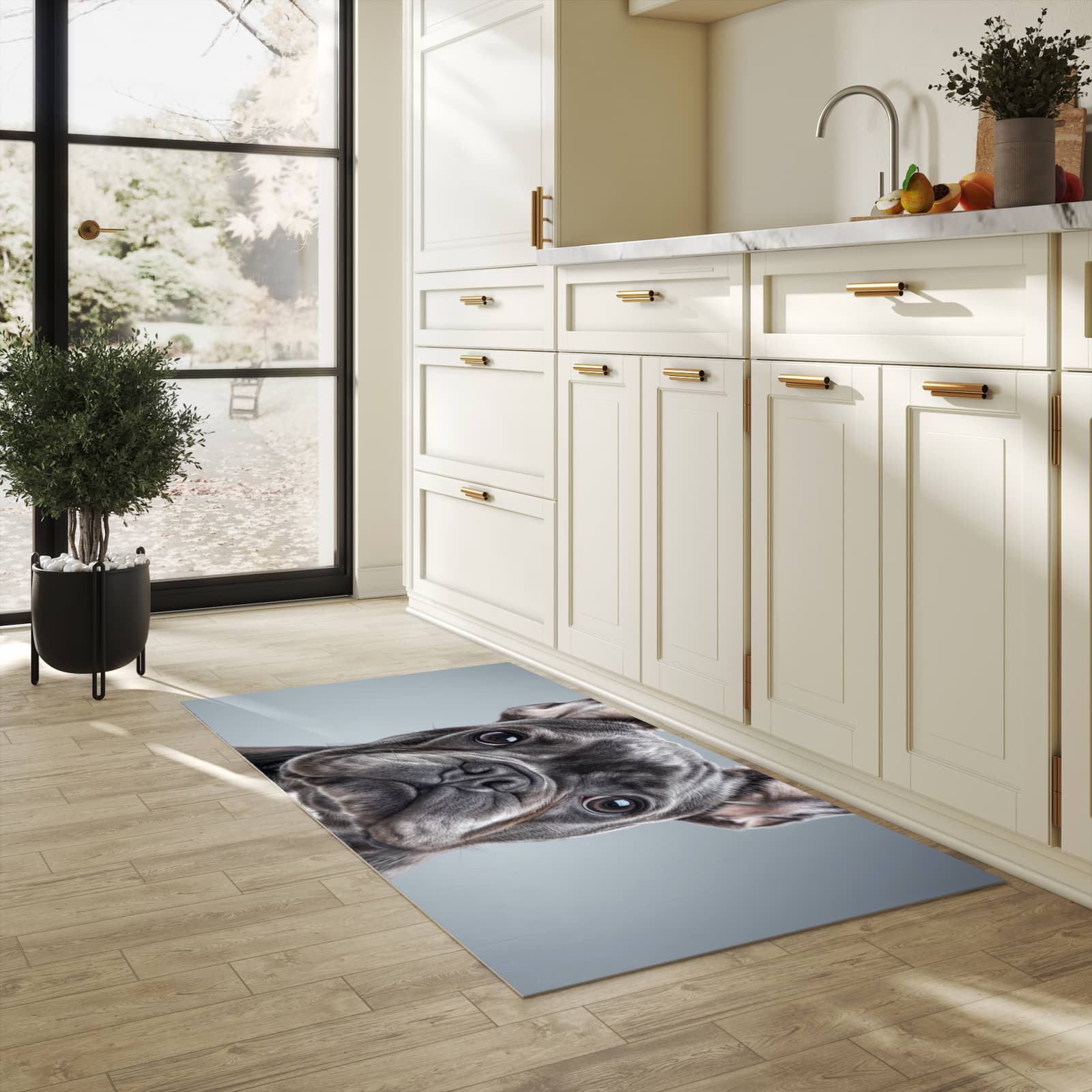 Strapazierfähiger Bodenläufer mit Motiv Französische Bulldogge in heller Küche