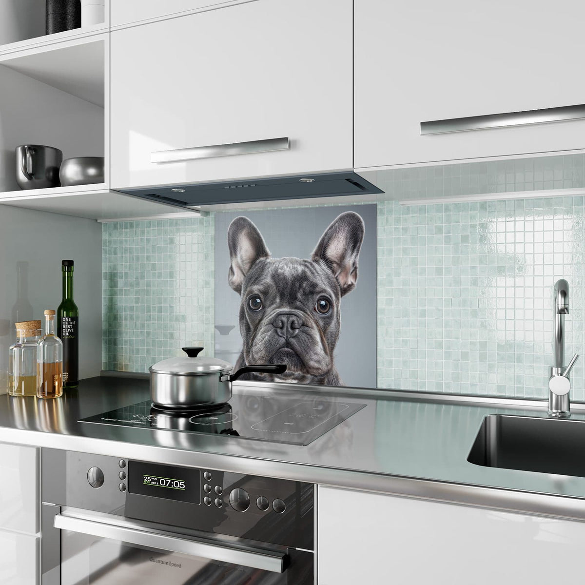 Küchenrückwand aus Glas Französische Bulldogge im quadratischen Format als Spritzschutz hinter dem Kochfeld, über dem Fliesenspiegel montiert