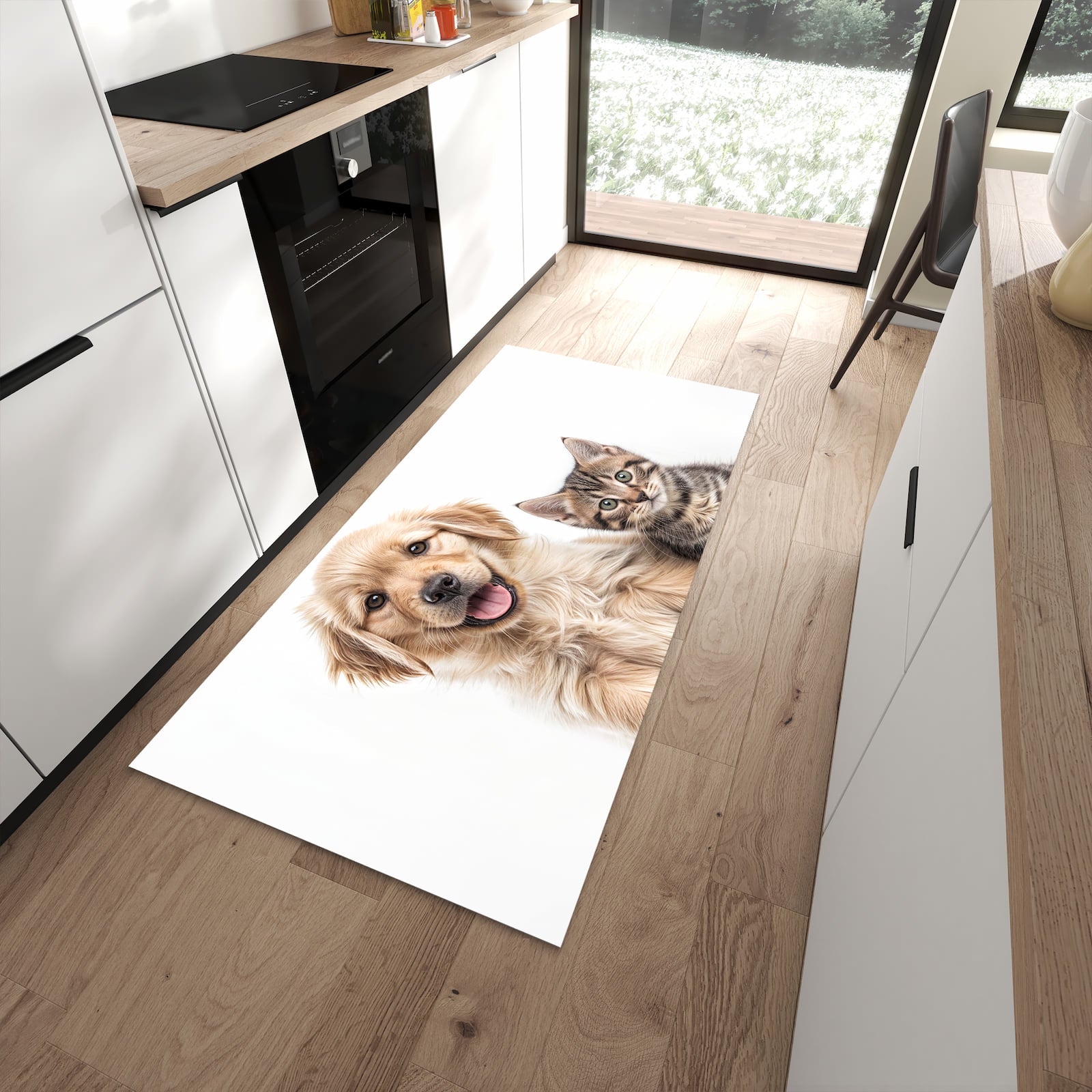 UV-beständiger Küchenläufer mit Motiv Katze und Hund in moderner Küche - waschbar