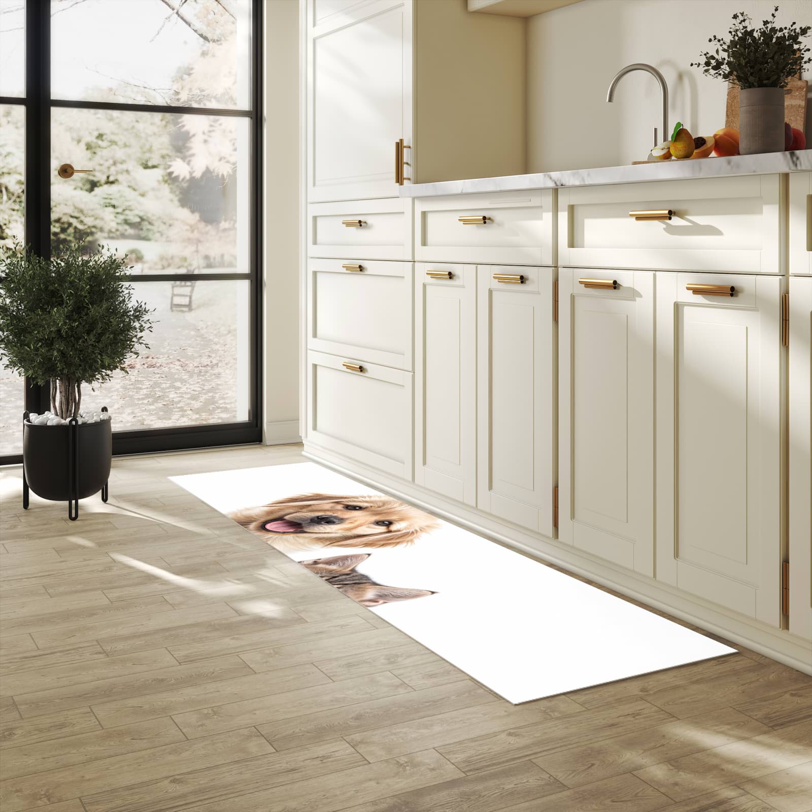 Schmutzabweisender Teppichläufer mit Motiv Katze und Hund in heller Küche