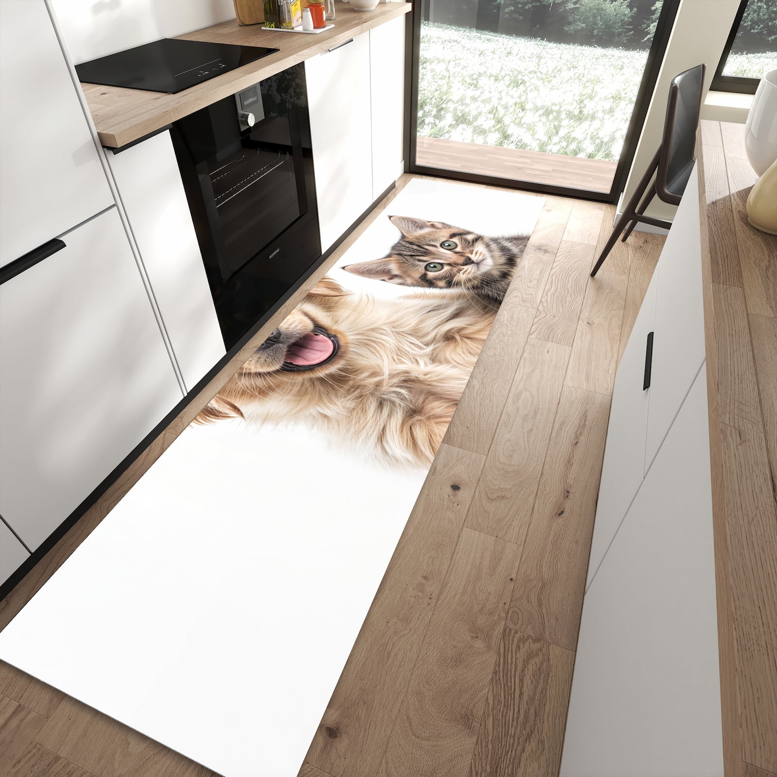 Abriebfester Küchenläufer nach Maß mit Motiv Katze und Hund in moderner Küche